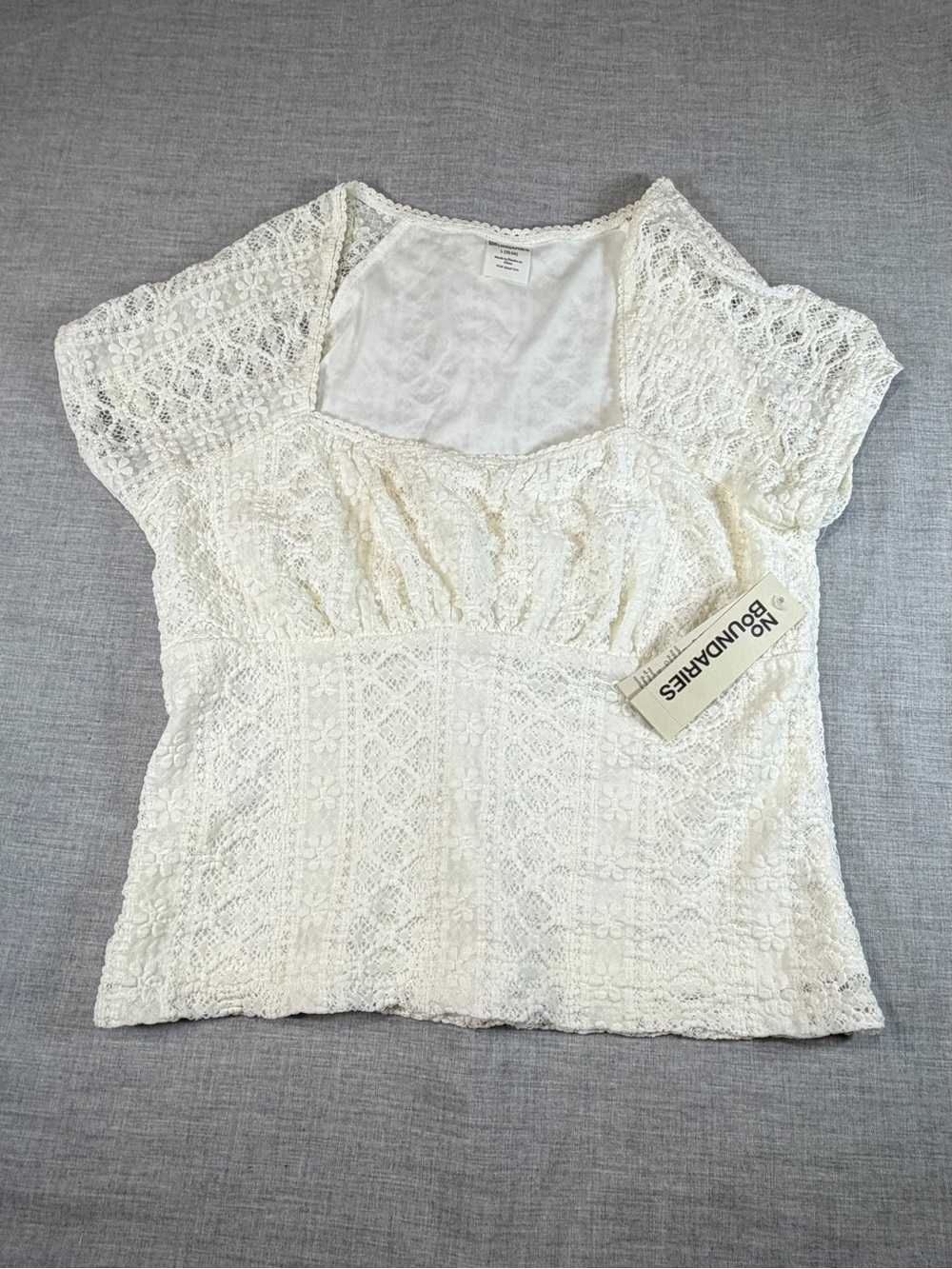 No Boundaries Cream Lace Square-Neck Short Sleeve Top